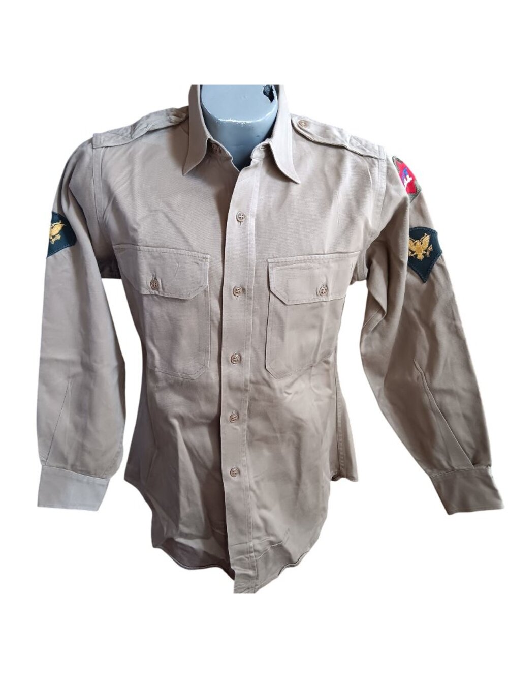 Vietnam Military Vintage Army Shirt 14.5x31 Small 1962 Khaki With Patches